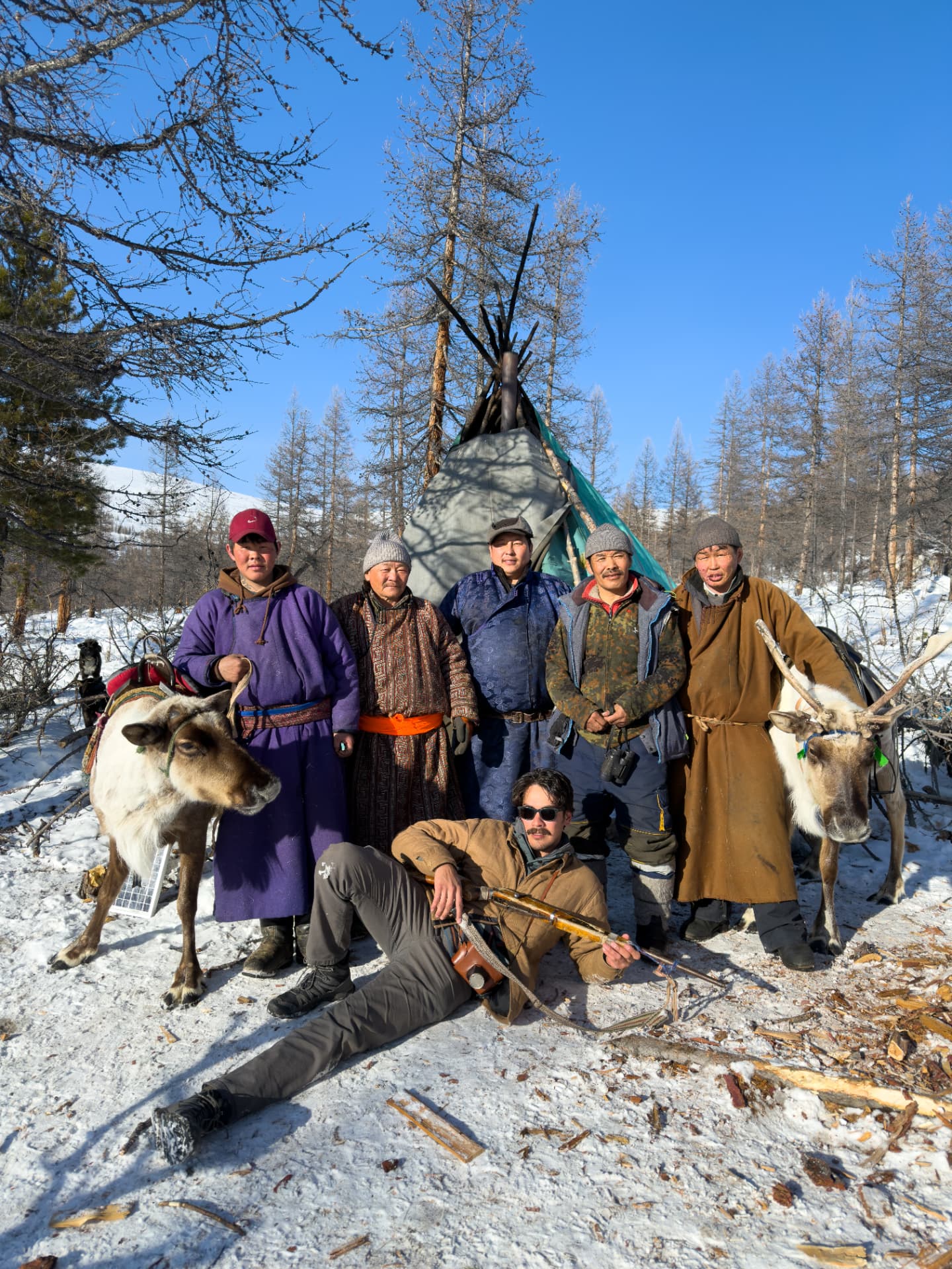 Tsaatan reindeer herders with Jason outside their winter ort
